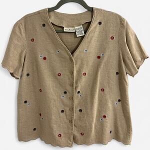 Vintage 90s White Stag Linen Button Down Top with Embroidered Flowers